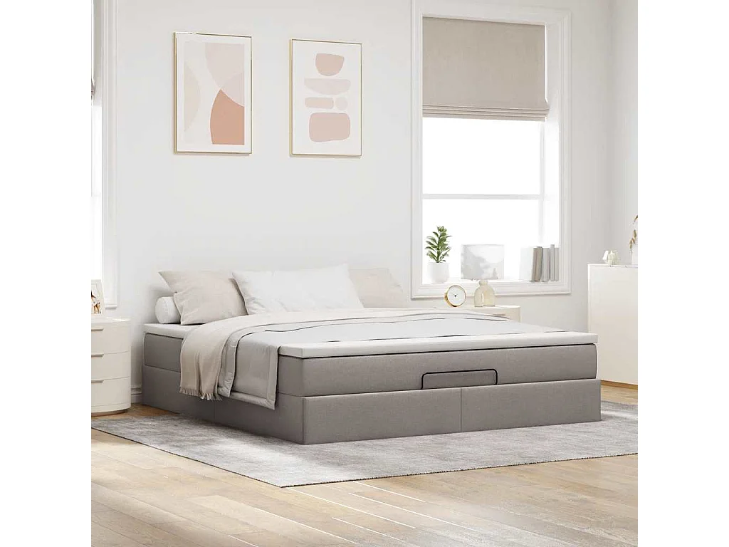 Cadre de lit ottoman avec matelas taupe 160x200 cm tissu