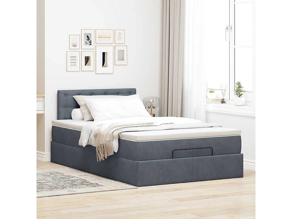 Cadre de lit ottoman avec matelas gris foncé 120x190 cm velours