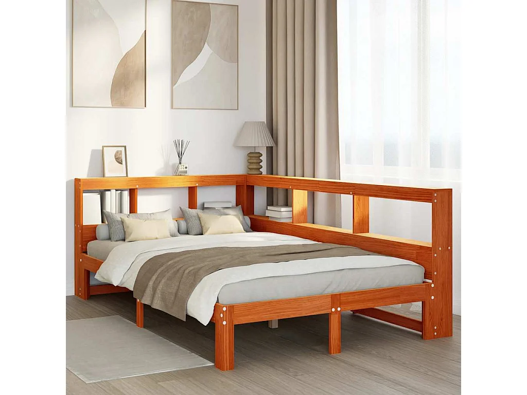 Lit bibliothèque sans matelas cire marron 120x200 cm pin massif