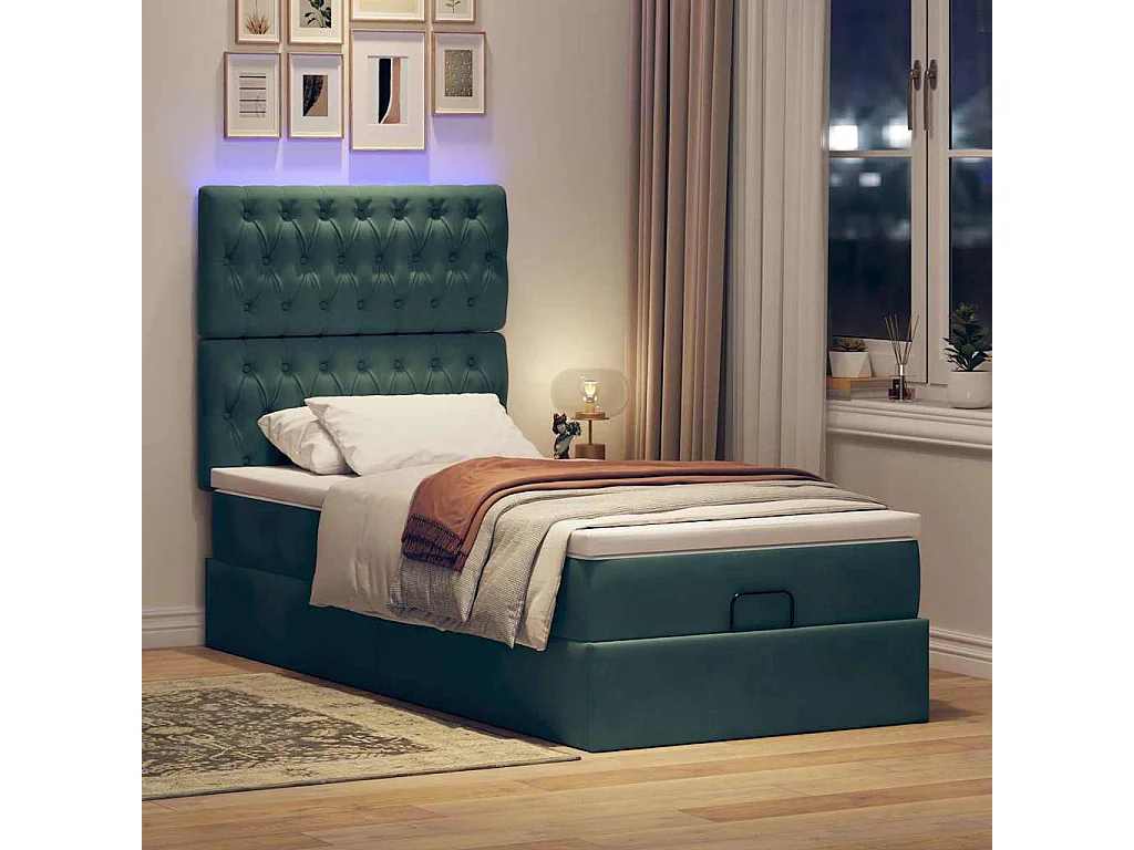 Cadre de lit ottoman avec matelas vert foncé 80x200 cm velours