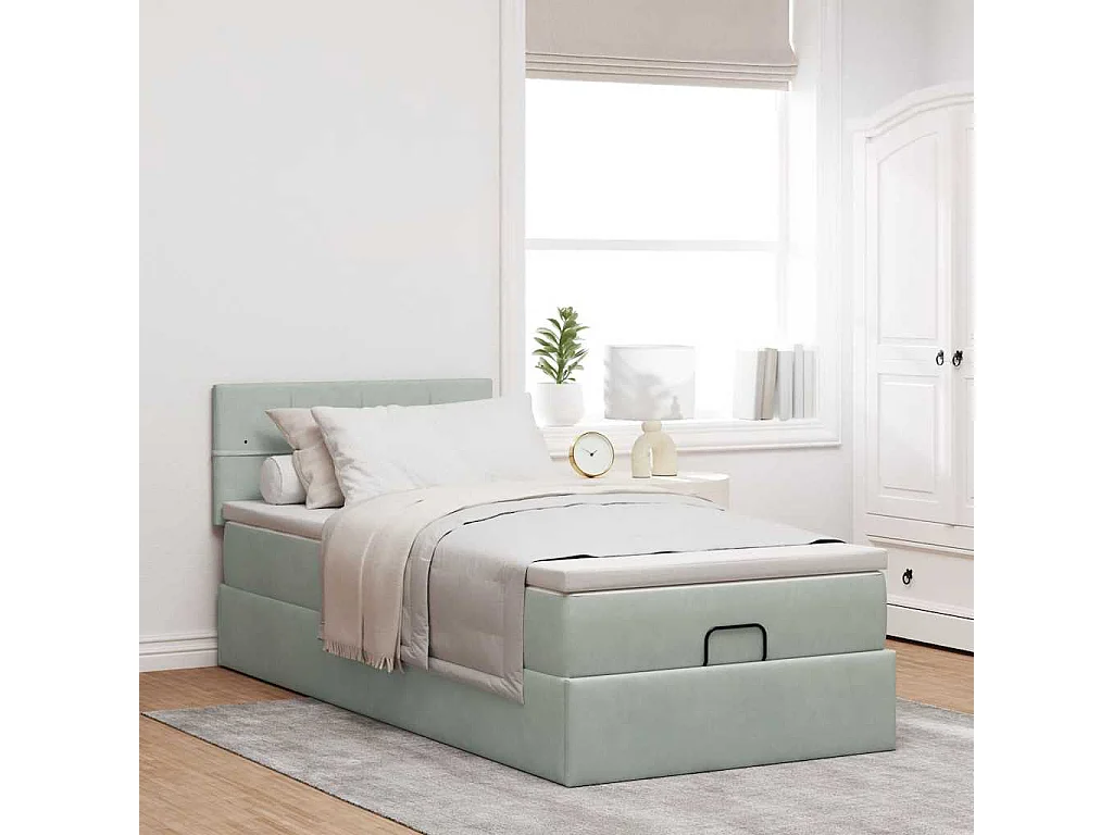 Cadre de lit ottoman avec matelas gris clair 80x200 cm velours