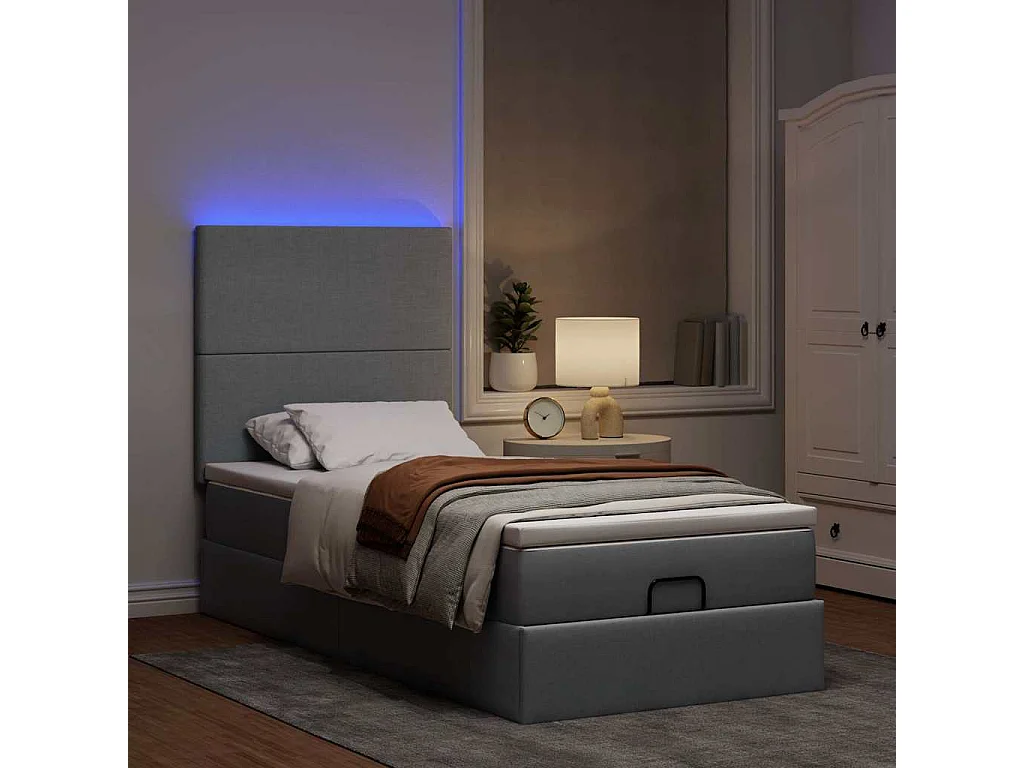 Cadre de lit ottoman et matelas gris clair 90x200 cm tissu