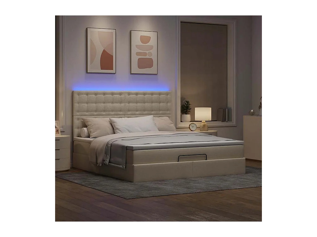 Estructura de cama otomana con colchón tela crema 180x200cm