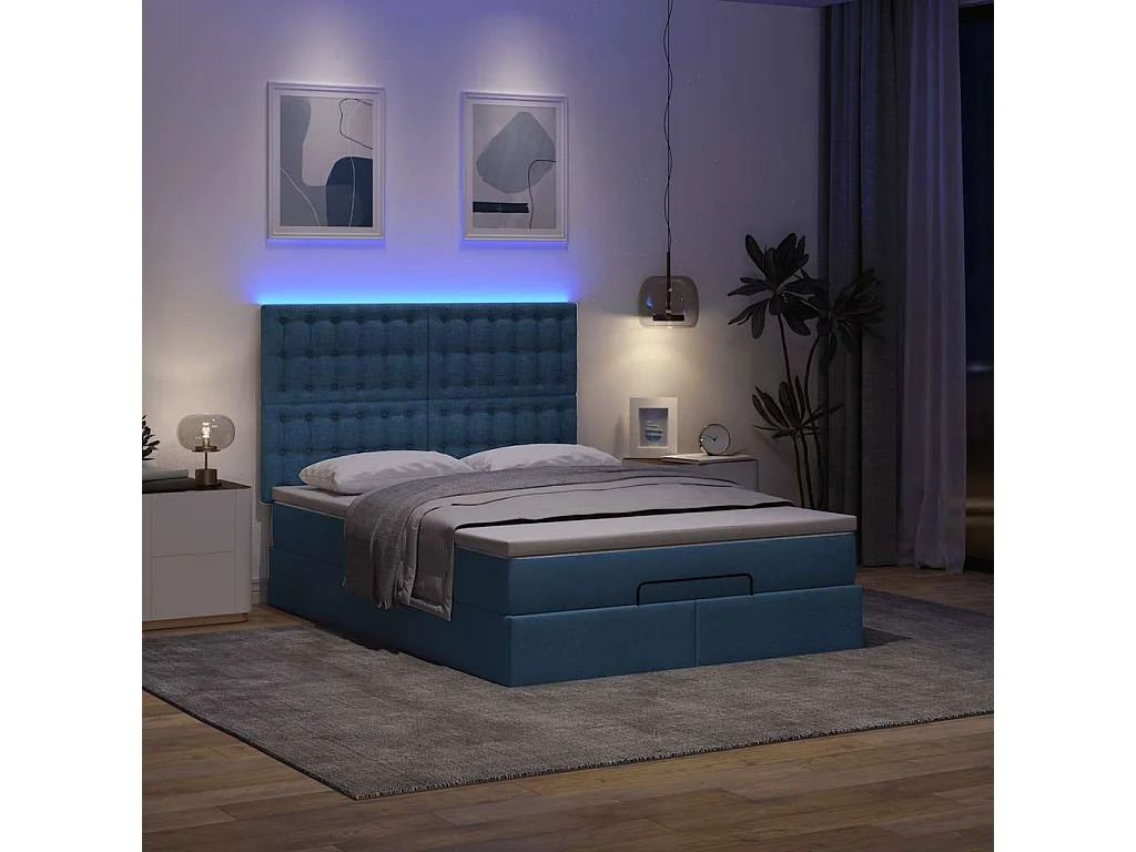 Cadre de lit ottoman avec matelas bleu 140x200 cm tissu