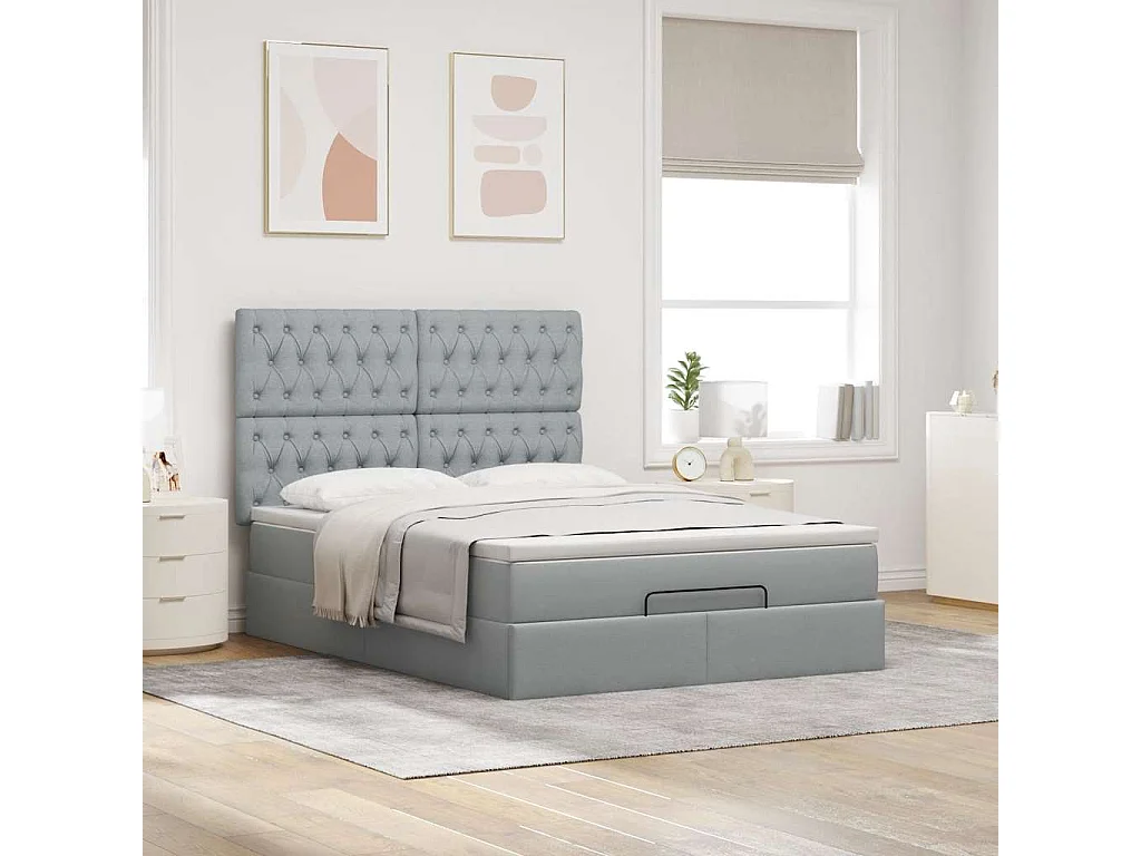 Cadre de lit ottoman et matelas gris clair 140x200 cm tissu