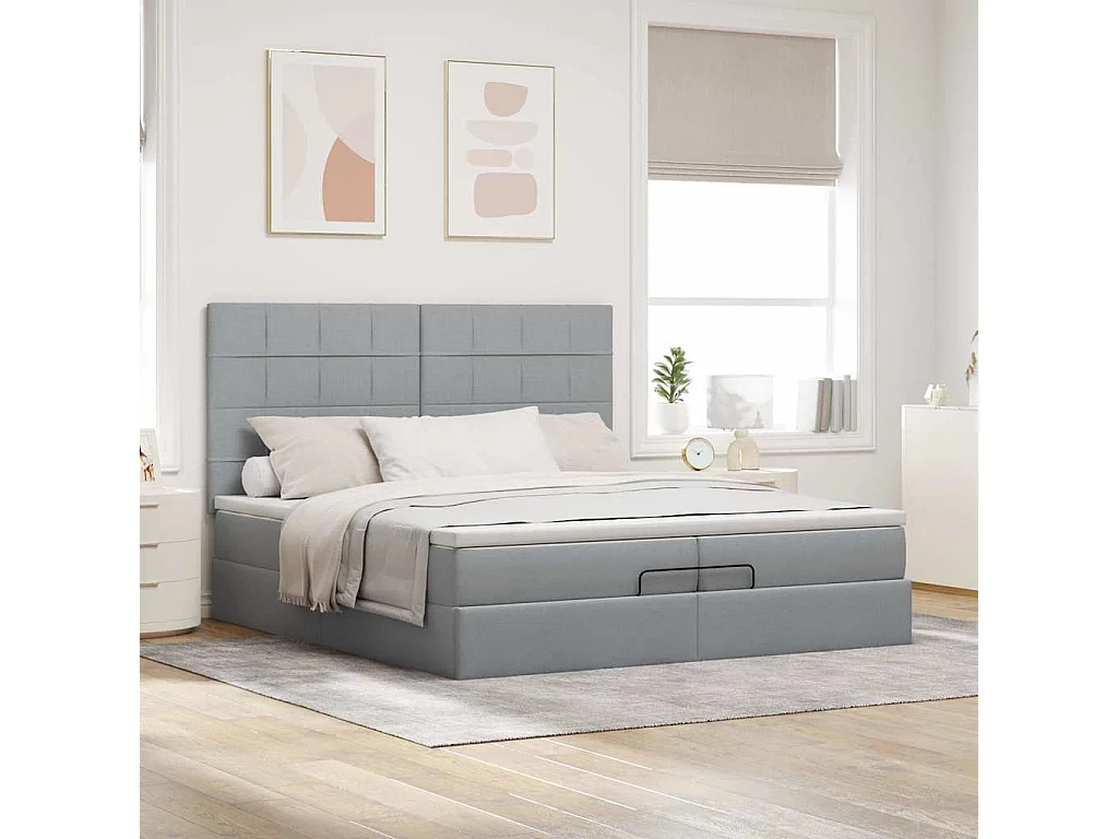 Cadre de lit ottoman et matelas gris clair 200x200cm tissu