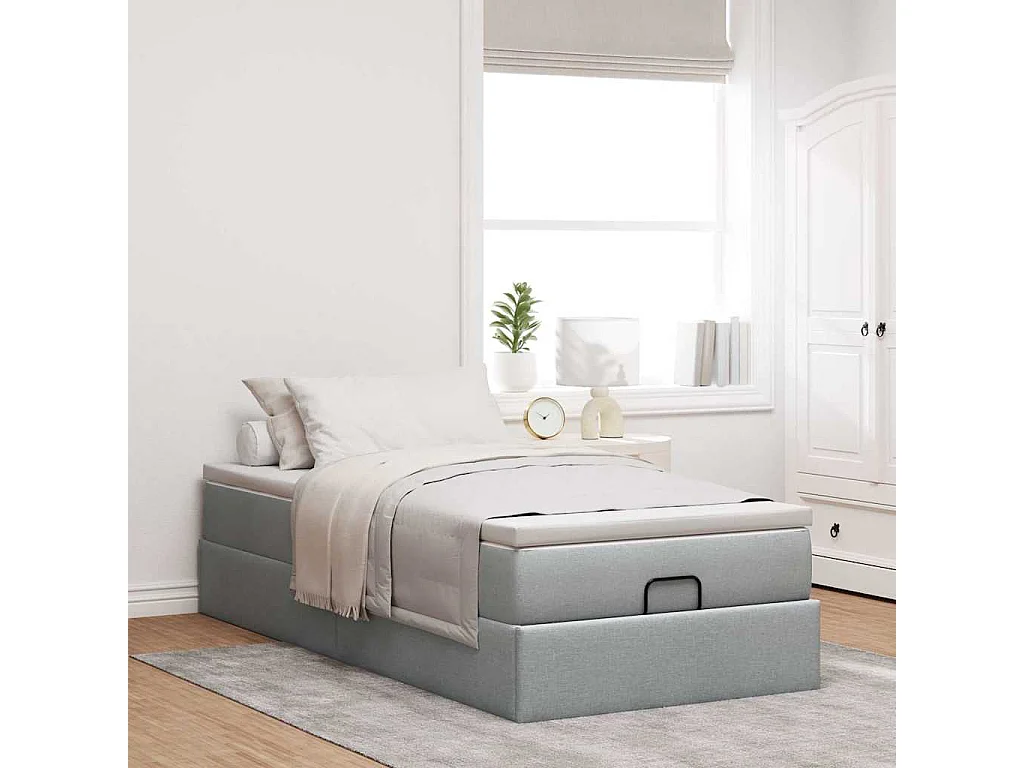 Cadre de lit ottoman et matelas gris clair 100x200 cm tissu