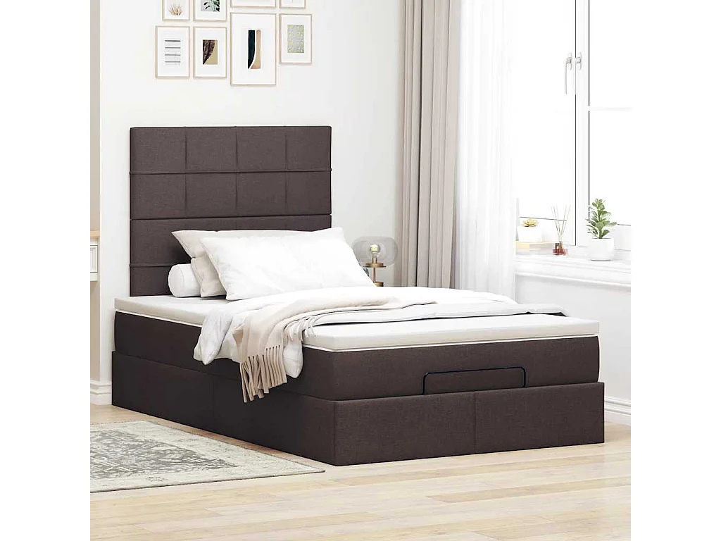 Cadre de lit ottoman avec matelas marron foncé 120x200 cm tissu