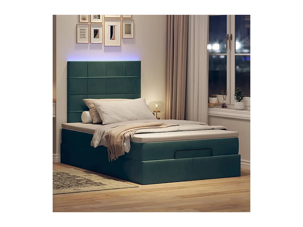 Estructura de cama otomana colchones terciopelo verde oscuro