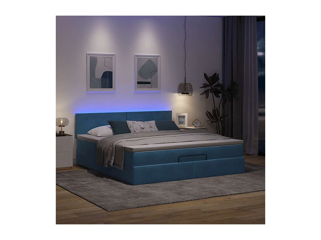 Cadre de lit ottoman avec matelas bleu foncé 180x200 cm velours