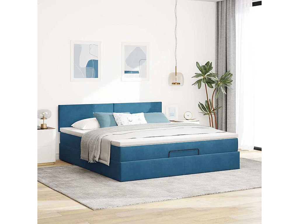 Cadre de lit ottoman avec matelas bleu foncé 180x200 cm velours