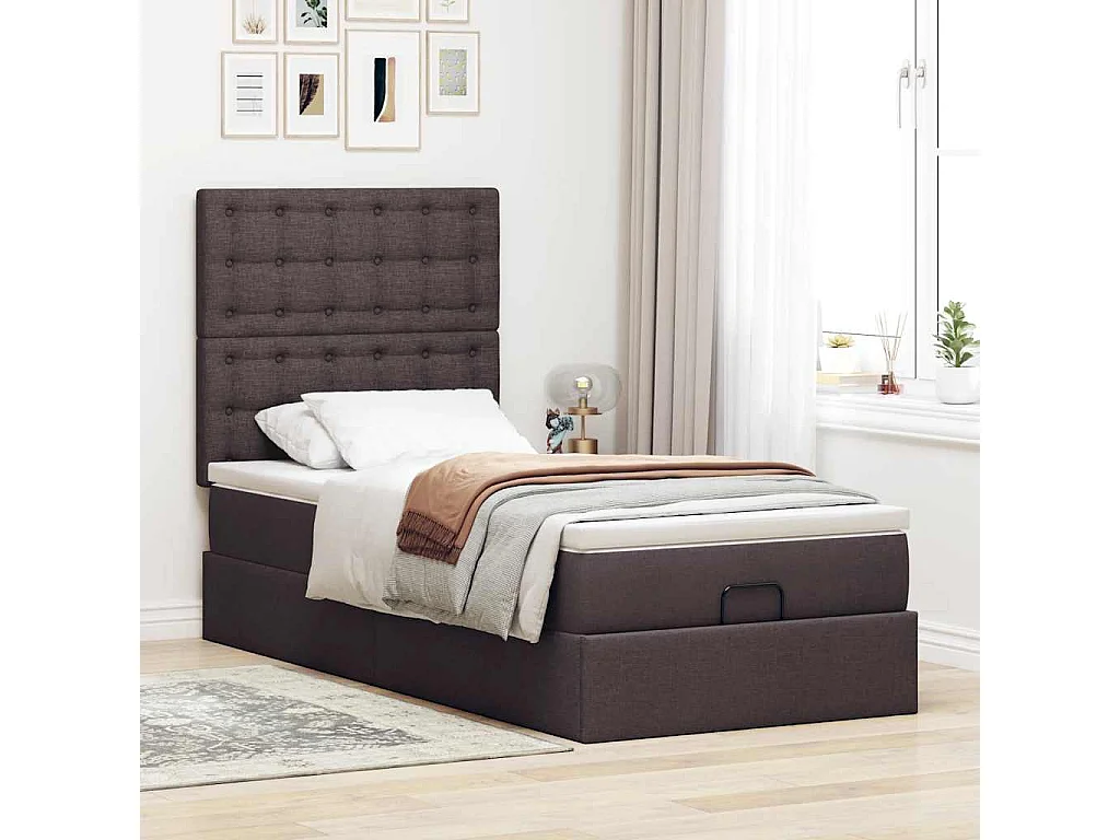 Cadre de lit ottoman avec matelas marron foncé 90x200 cm tissu