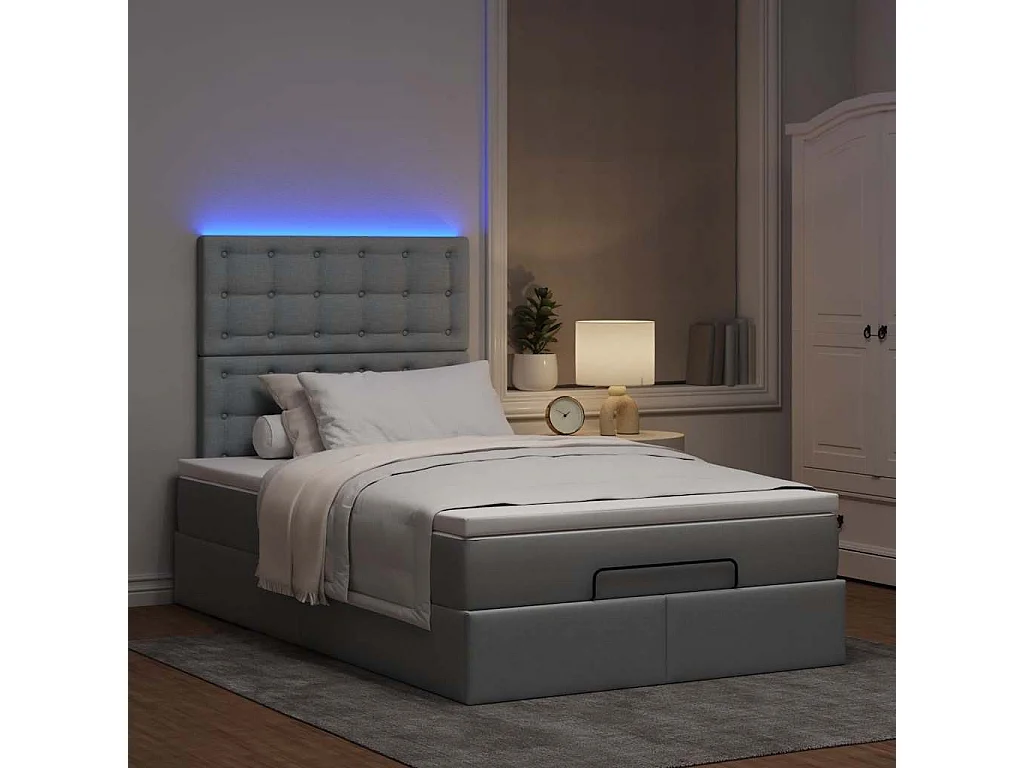 Estructura de cama otomana colchón tela gris claro