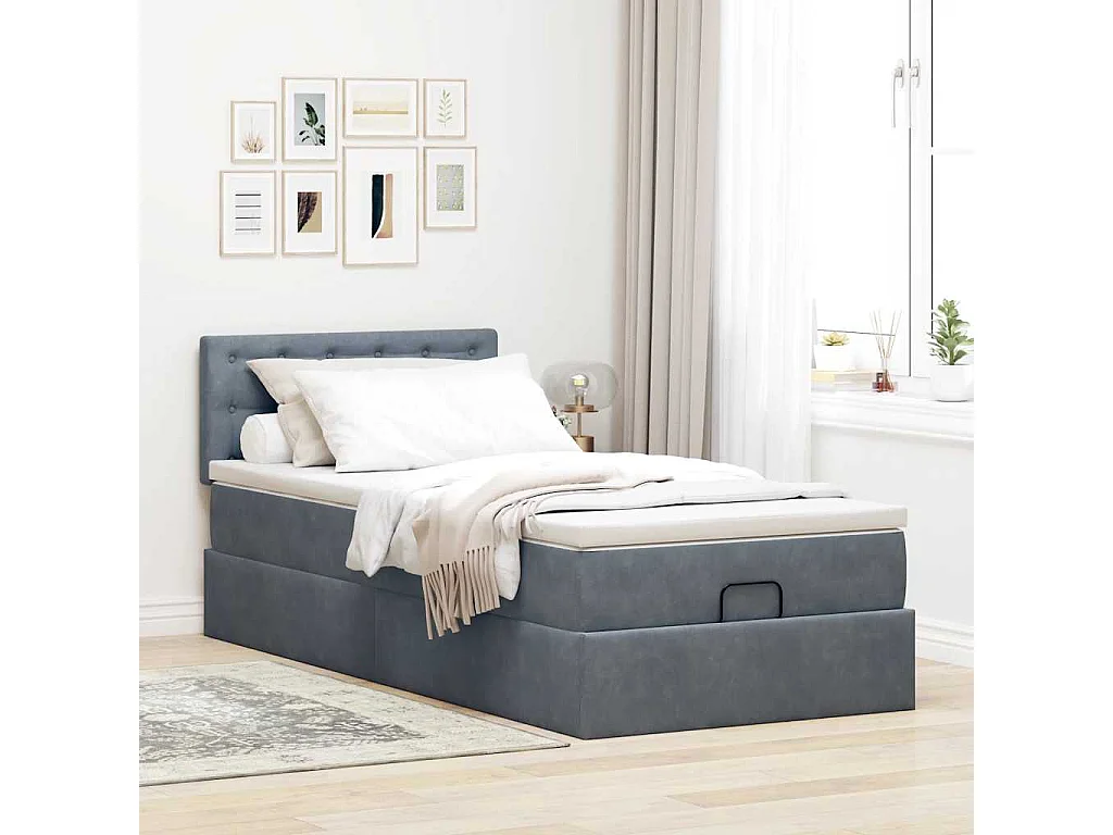 Estructura cama otomana colchón terciopelo gris oscuro 90x190cm