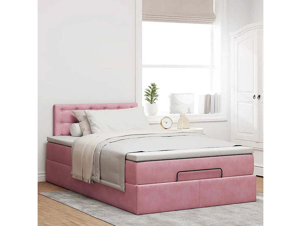 Cadre de lit ottoman avec matelas rose 120x190 cm velours