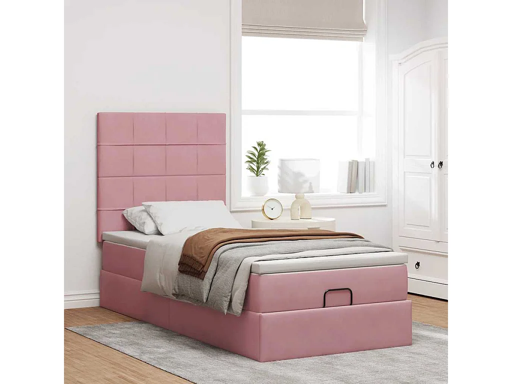 Cadre de lit ottoman avec matelas rose 100x200 cm velours