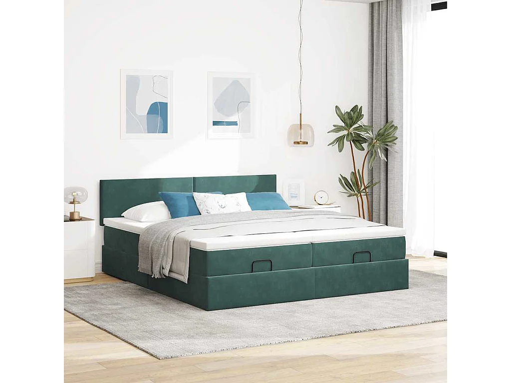 Cadre de lit ottoman avec matelas vert foncé 160x200 cm velours