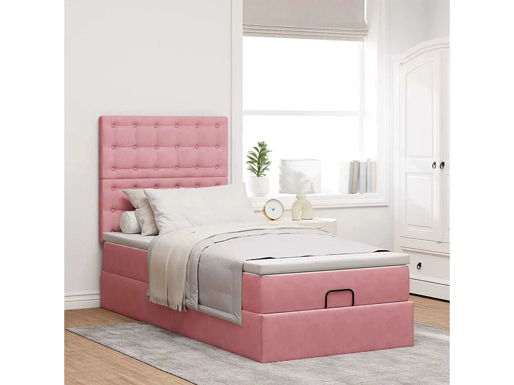 Cadre de lit ottoman avec matelas rose 100x200 cm velours