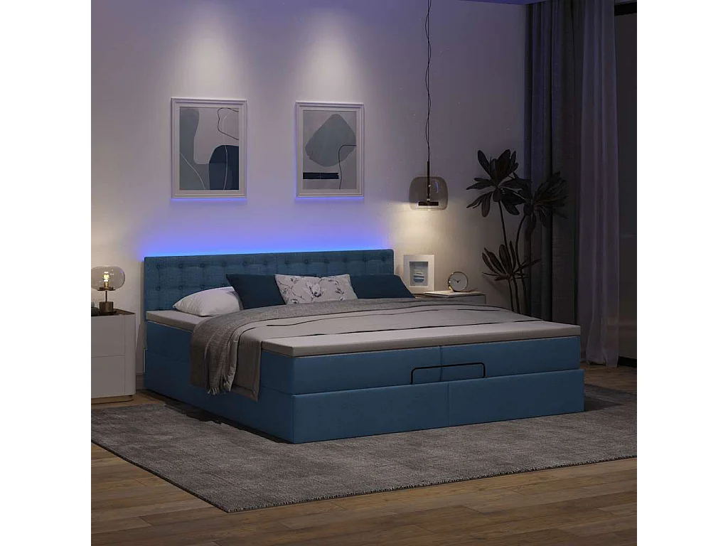 Cadre de lit ottoman avec matelas bleu 200x200cm tissu