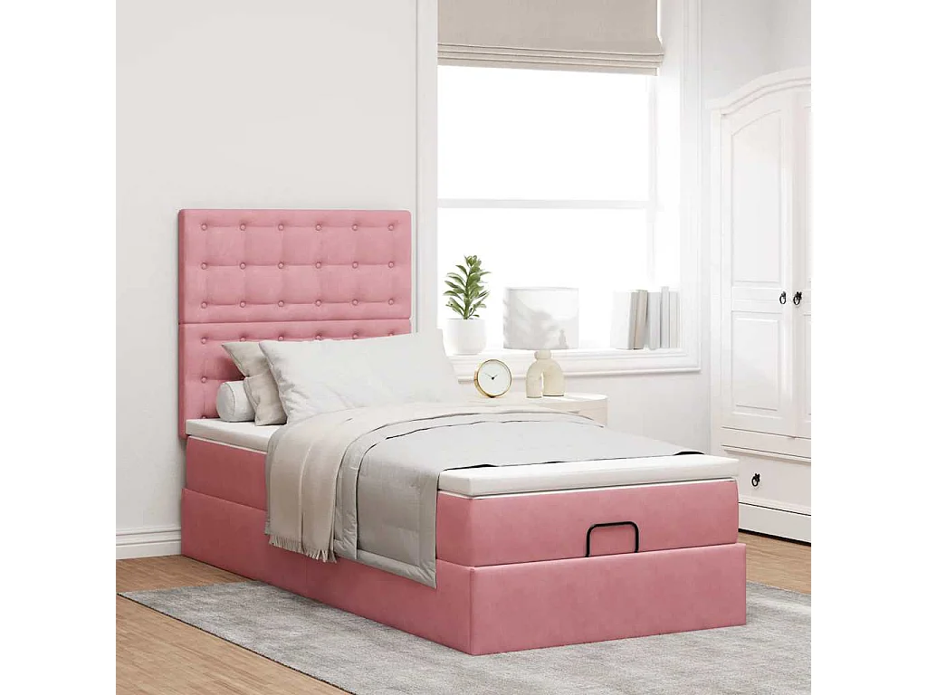 Cadre de lit ottoman avec matelas rose 100x200 cm velours