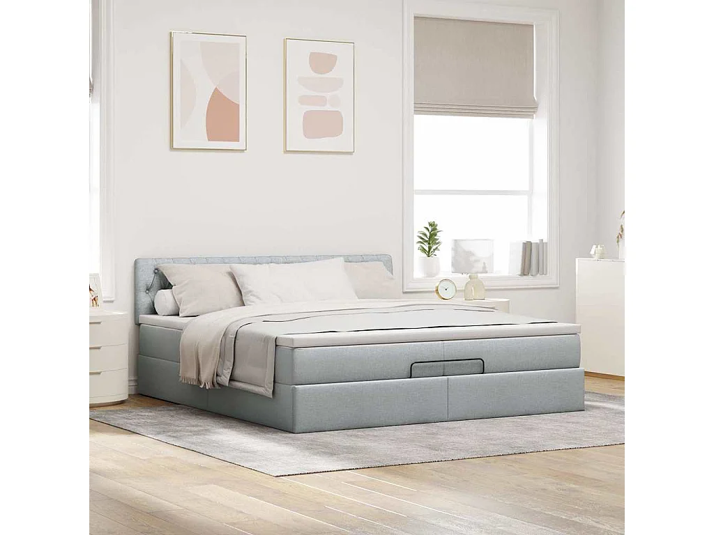 Cadre de lit ottoman avec matelas gris clair 200x200 cm tissu
