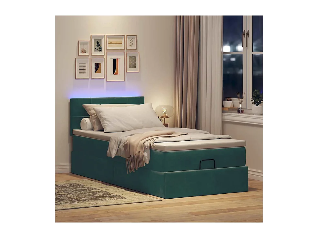 Estructura de cama otomana con colchón terciopelo verde oscuro
