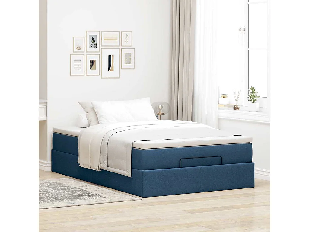 Cadre de lit ottoman avec matelas bleu 120x190 cm tissu