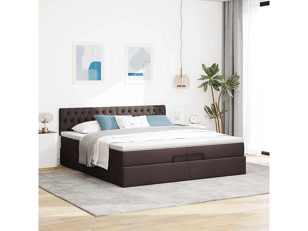 Cadre de lit ottoman avec matelas marron foncé 200x200 cm tissu