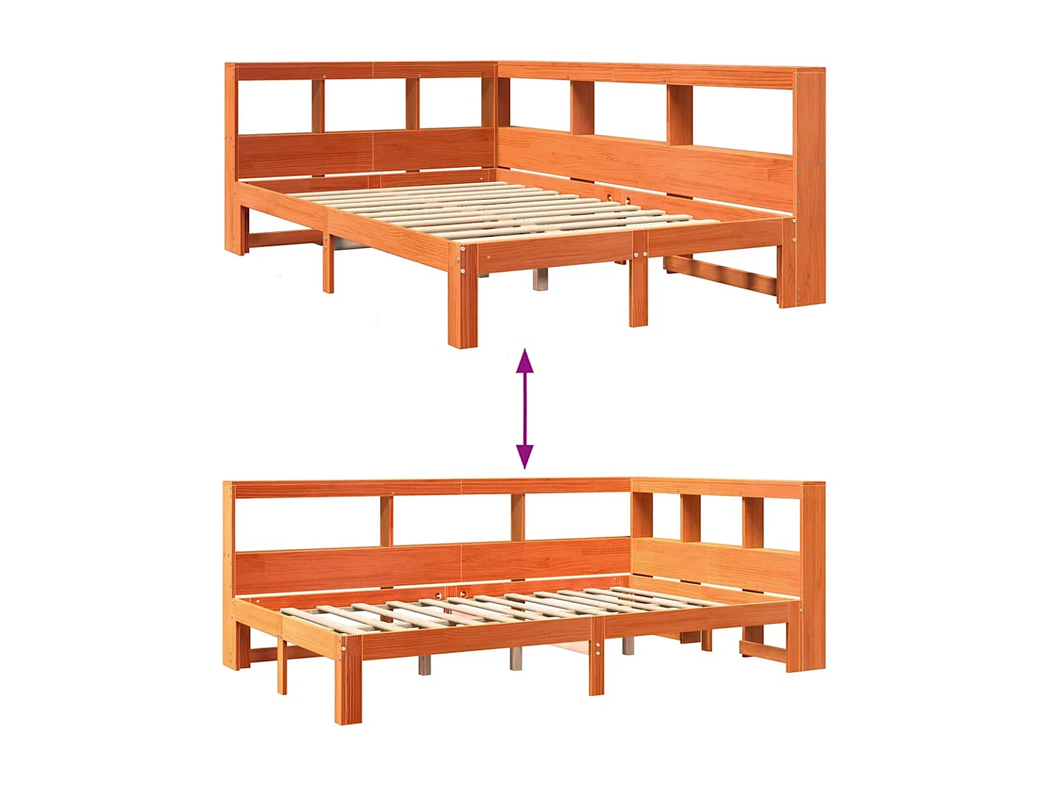 Lit bibliothèque sans matelas cire marron 120x190cm pin massif