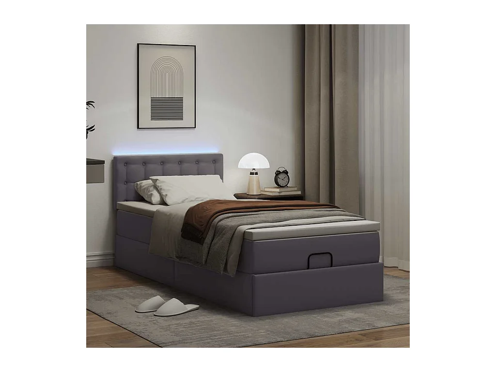 Estructura cama otomana colchón cuero sintético gris 90x190 cm