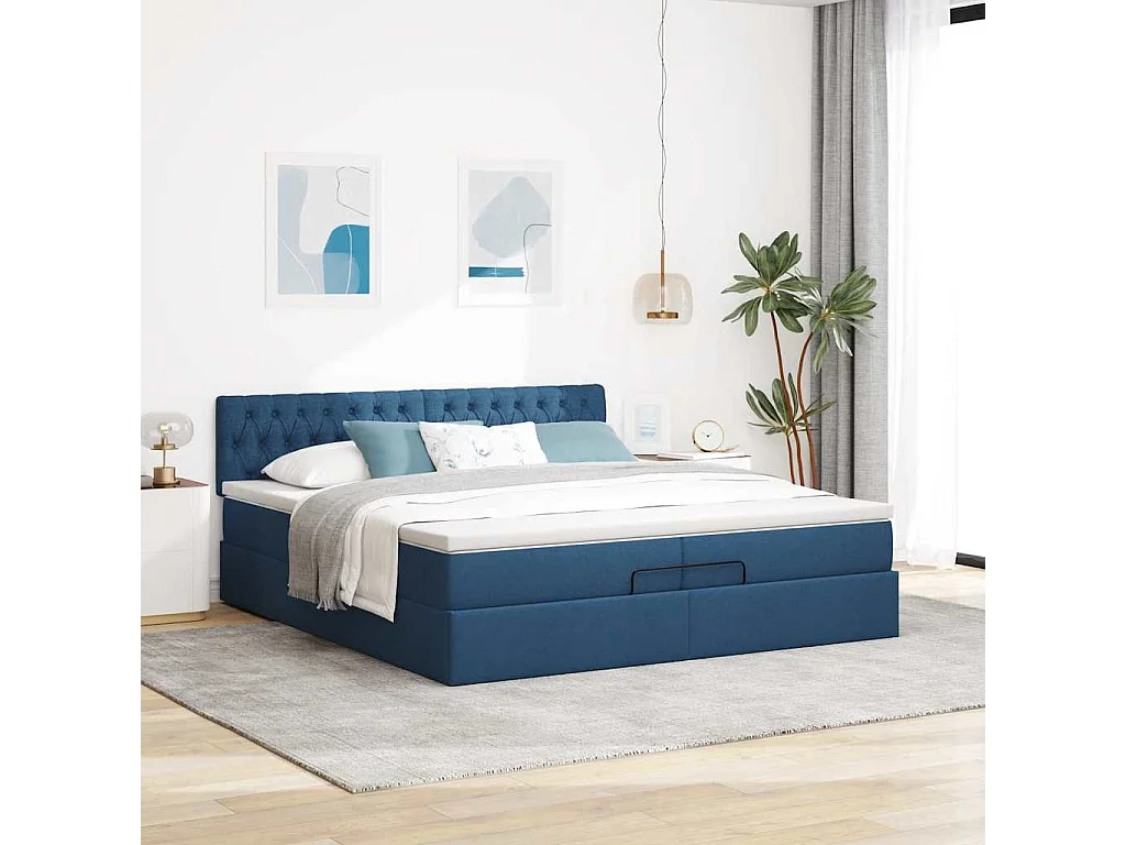 Cadre de lit ottoman avec matelas bleu 200x200cm tissu
