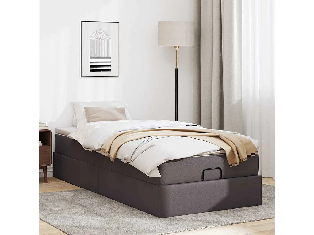 Estructura cama otomana colchón cuero sintético gris 90x190 cm