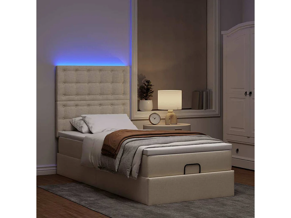 Cadre de lit ottoman avec matelas crème 90x190 cm tissu