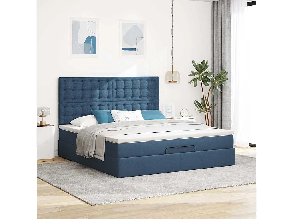Cadre de lit ottoman avec matelas bleu 160x200 cm tissu