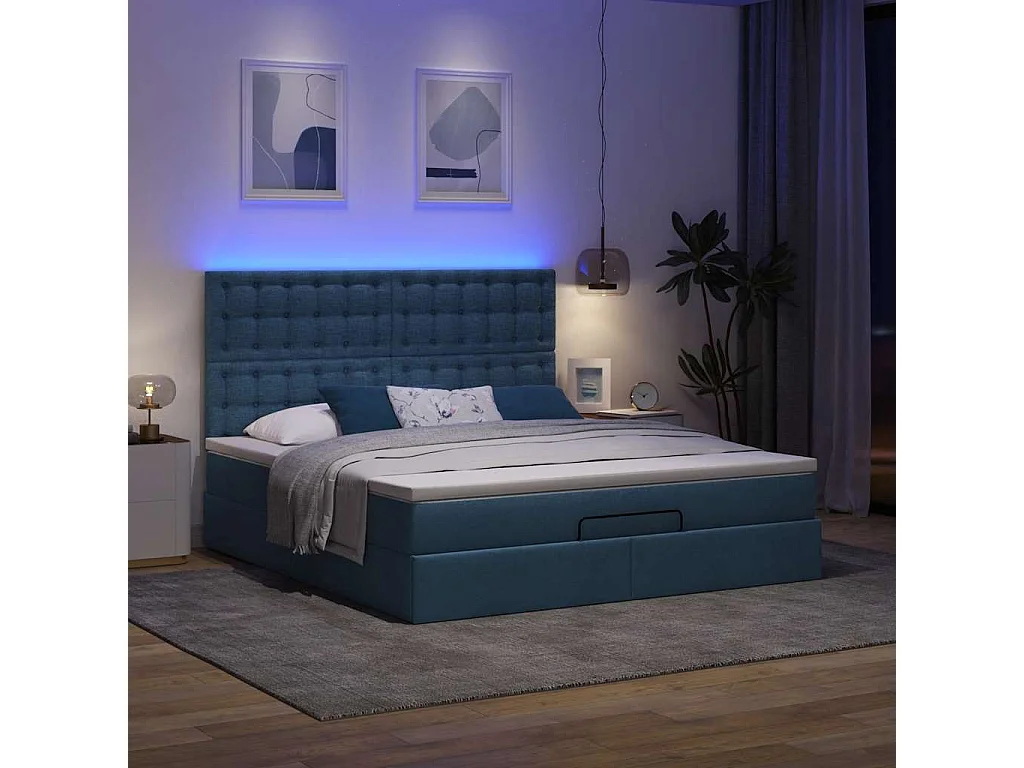 Cadre de lit ottoman avec matelas bleu 160x200 cm tissu