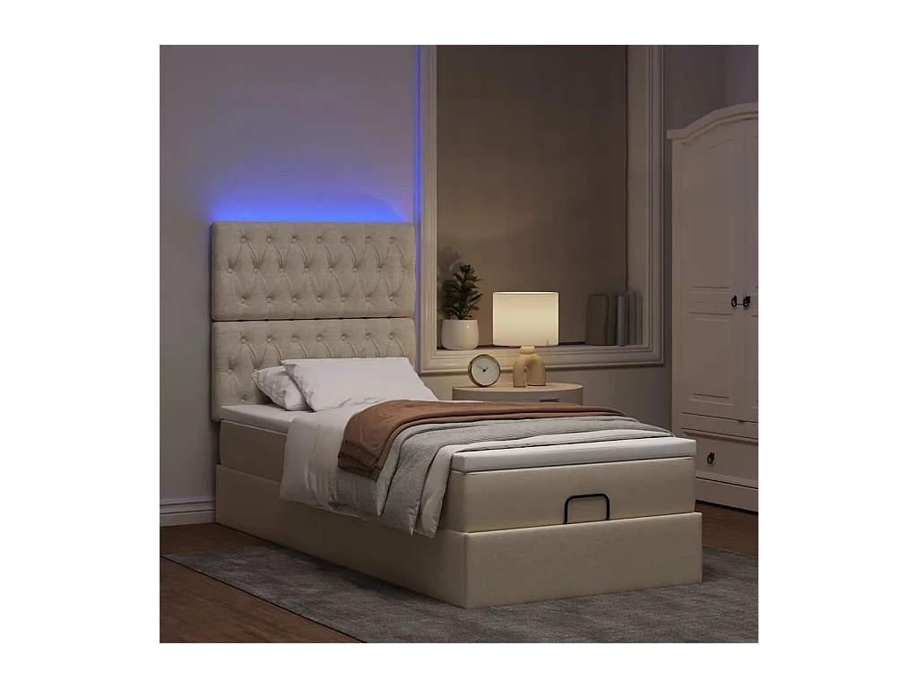 Estructura de cama otomana con colchón tela crema 80x200cm
