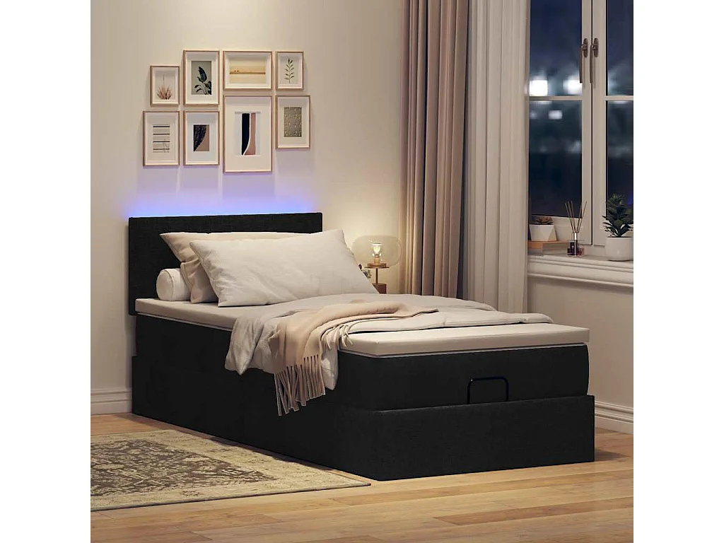 Cadre de lit ottoman avec matelas noir 90x190 cm tissu