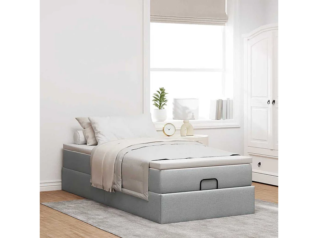 Cadre de lit ottoman et matelas gris clair 90x200 cm tissu
