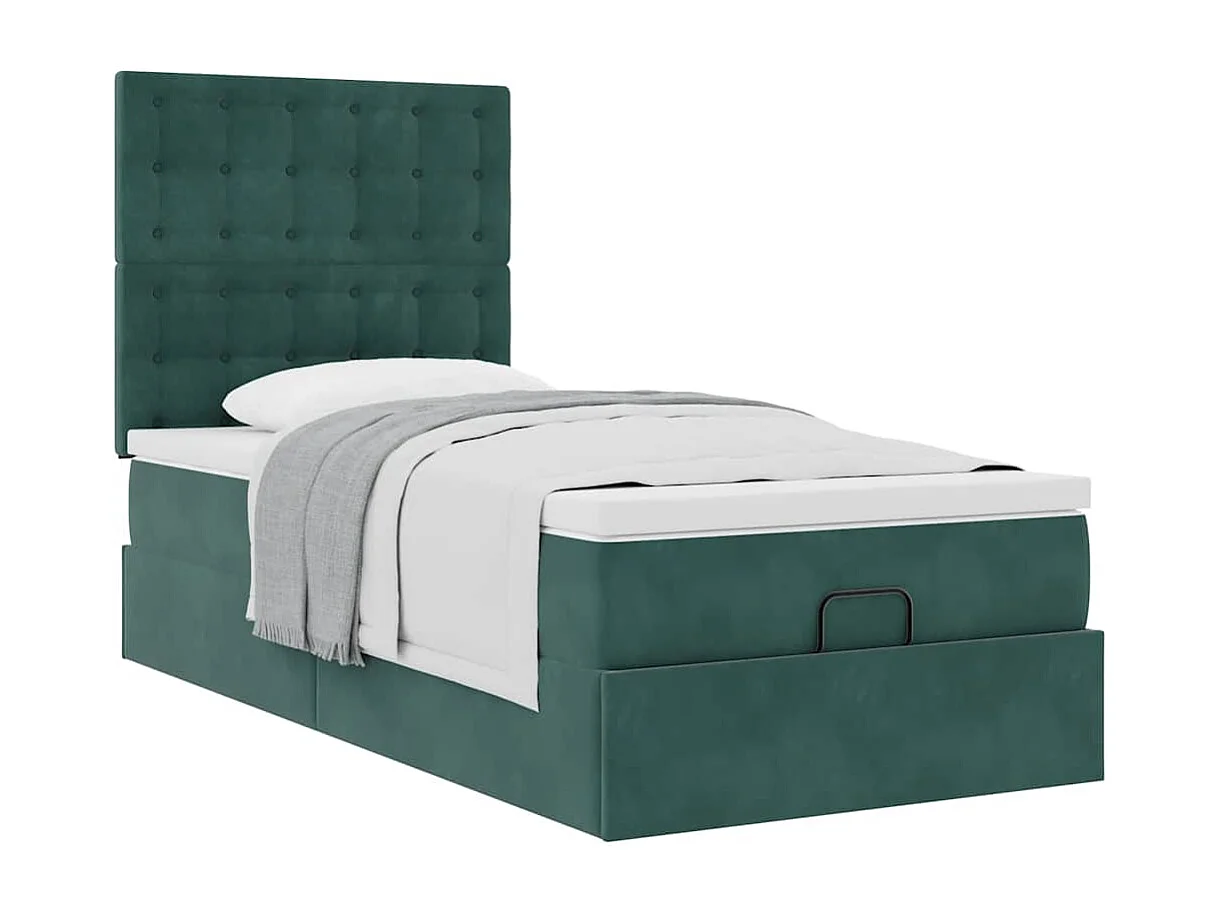 Cadre de lit ottoman avec matelas vert foncé 90x190 cm velours