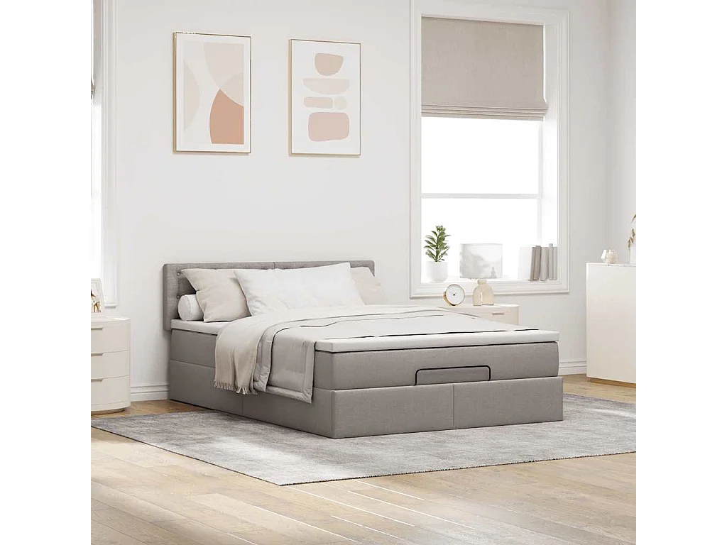 Cadre de lit ottoman avec matelas taupe 140x200 cm tissu