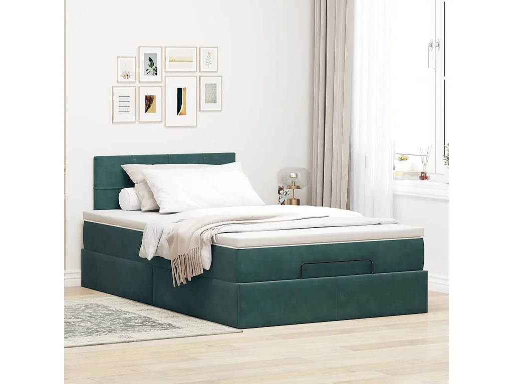 Cadre de lit ottoman avec matelas vert foncé 120x200 cm velours