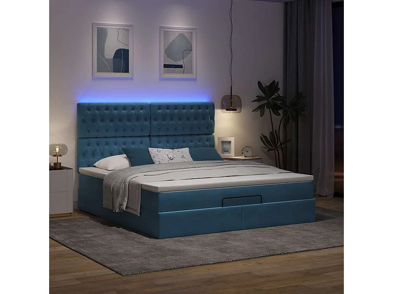 Cadre de lit ottoman avec matelas bleu foncé 160x200 cm velours