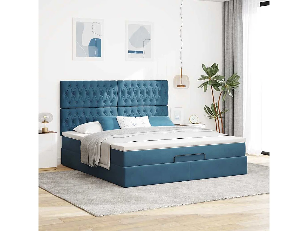 Cadre de lit ottoman avec matelas bleu foncé 160x200 cm velours