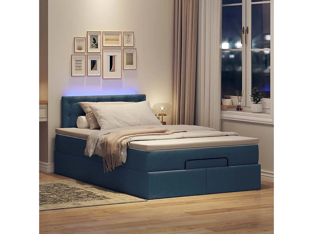 Cadre de lit ottoman avec matelas bleu 120x190 cm tissu