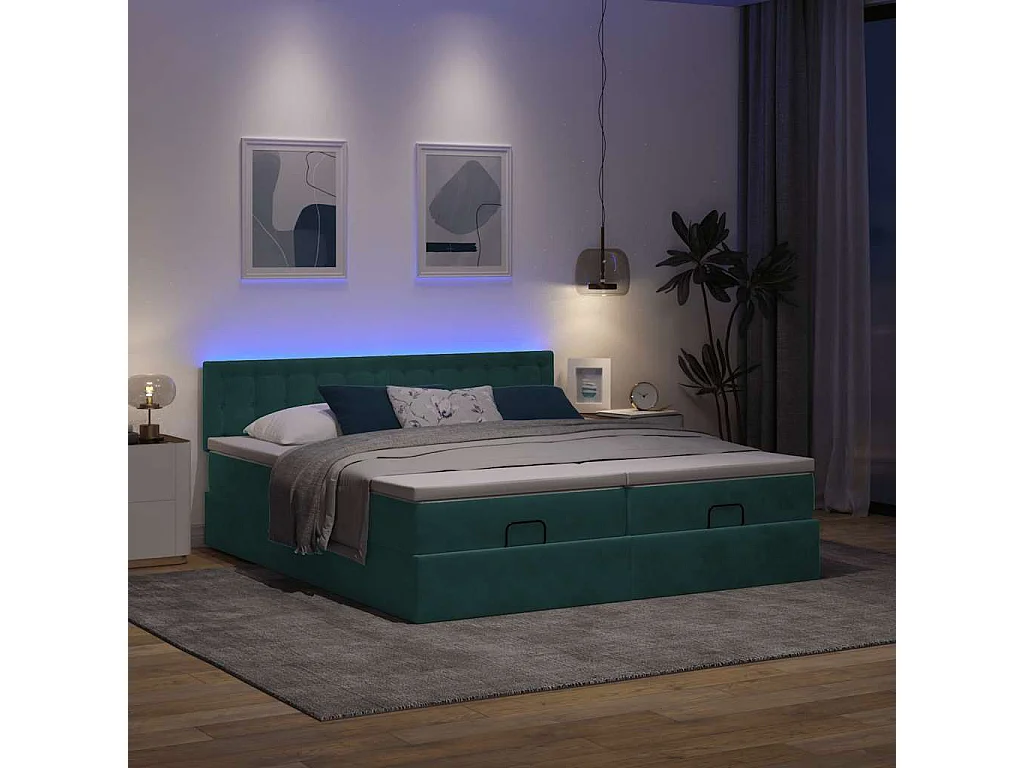 Estrutura de cama otomana com colchão verde escuro veludo