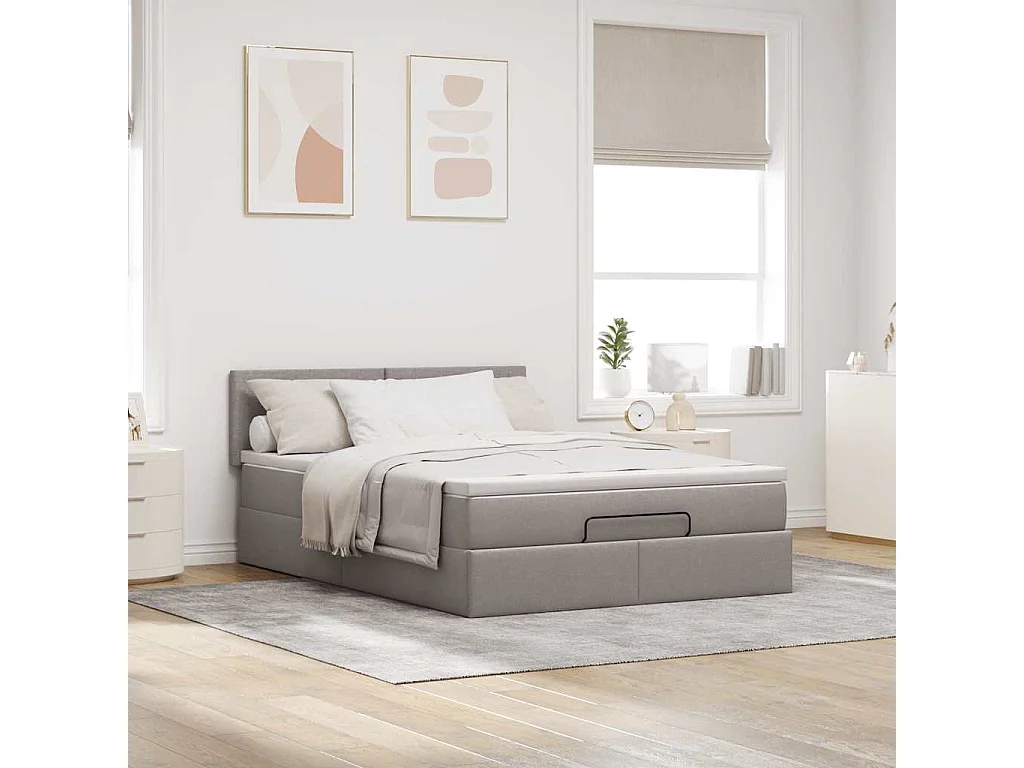 Cadre de lit ottoman avec matelas taupe 140x200 cm tissu