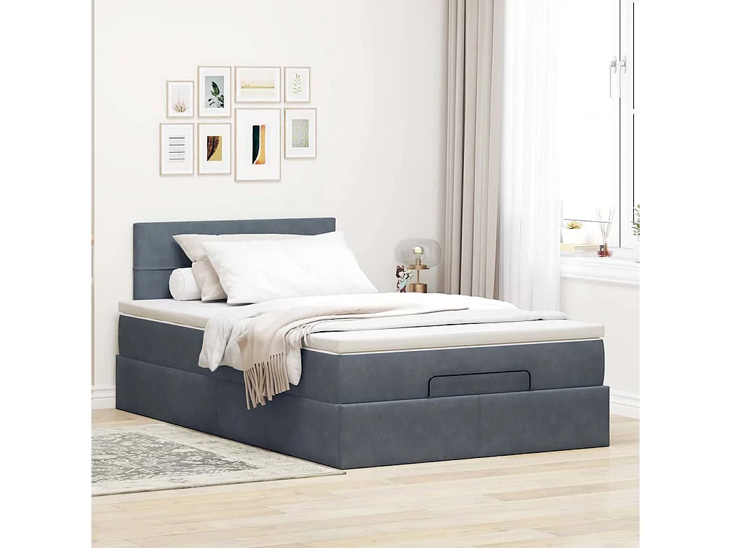 Estructura de cama otomana colchón terciopelo gris oscuro