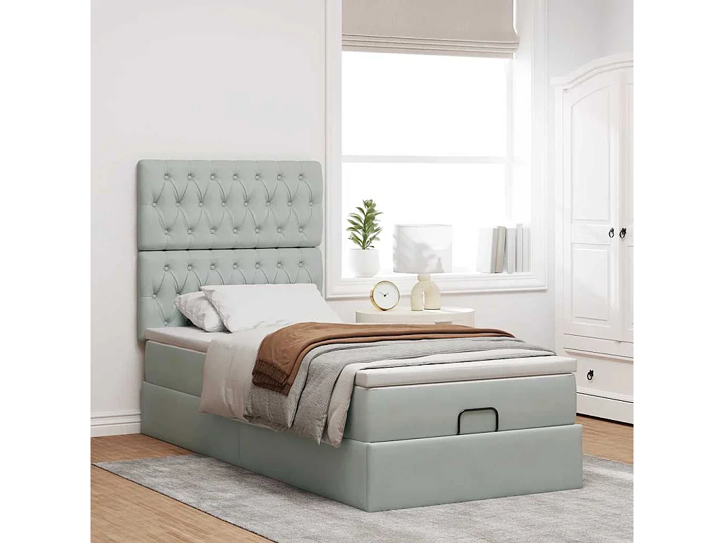 Cadre de lit ottoman et matelas gris clair 90x200 cm velours