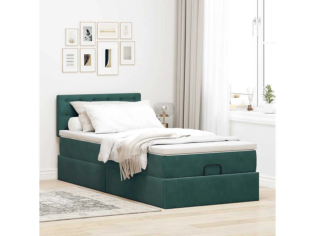 Cadre de lit ottoman avec matelas vert foncé 90x190 cm velours