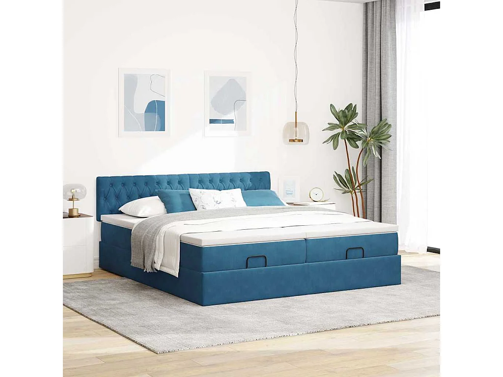 Cadre de lit ottoman avec matelas bleu foncé 160x200 cm velours
